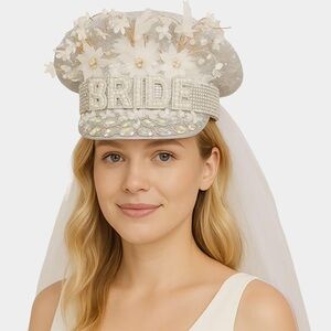 Pearl Bride Rhinestone Studded Captain Hat with Veil